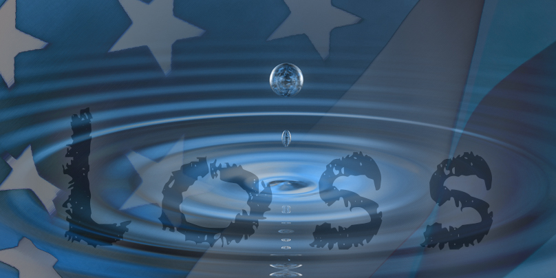 a drop of water hits a surface sending ripples. An image of the flag is faded and superimposed with the word loss spread across the image in letters that look like they're falling apart.